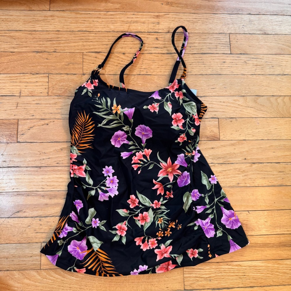 Shade & Shore Womens Tropical Floral Tankini Swim Top Black Purple Medium NWT